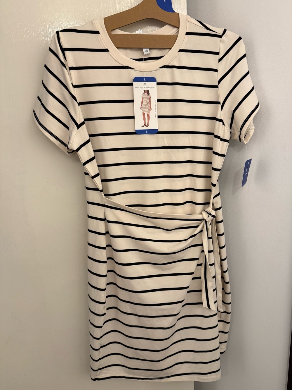 Threads 4 Thought Cream and Black Striped Tie-Waist Midi Dress